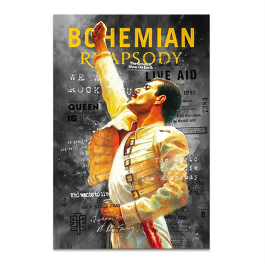 Freddie Mercury portrait on a vibrant yellow and red canvas with a distressed monochrome background