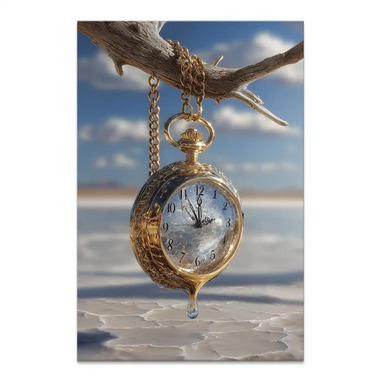 Dali-inspired surreal canvas wall art titled Dali Time with a melting golden pocket watch suspended from a bare tree branch over a salt-flat landscape under a blue sky.