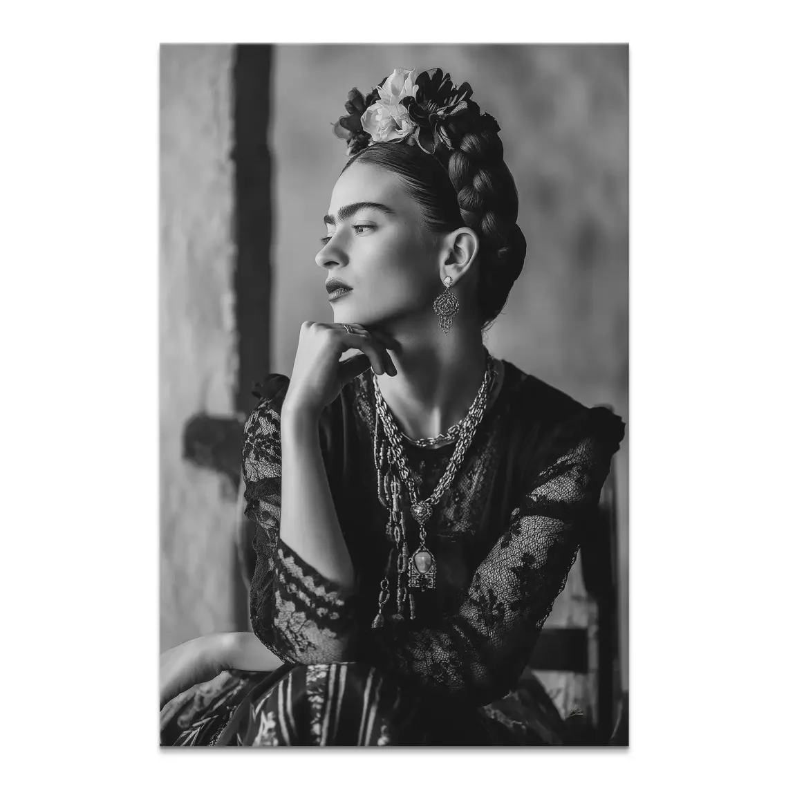 Black-and-white Frida Kahlo-inspired portrait of a woman with braided hair and flower crown on canvas