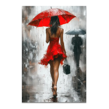 Portrait canvas wall art of a woman walking away in the rain with a red umbrella in a city street