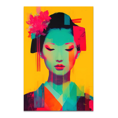 Geisha neon pop canvas art with teal-toned face and neon pink lips on a yellow background