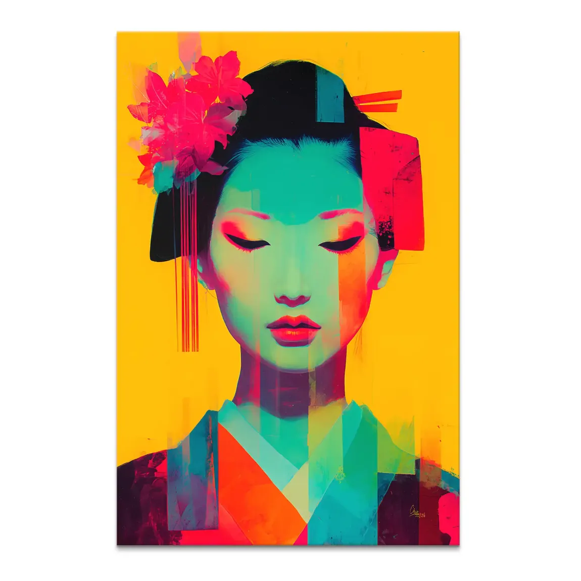 Geisha neon pop canvas art with teal-toned face and neon pink lips on a yellow background