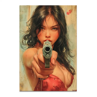 Close-up portrait of a young woman with long, dark wet hair holding a silver handgun in a gritty urban setting