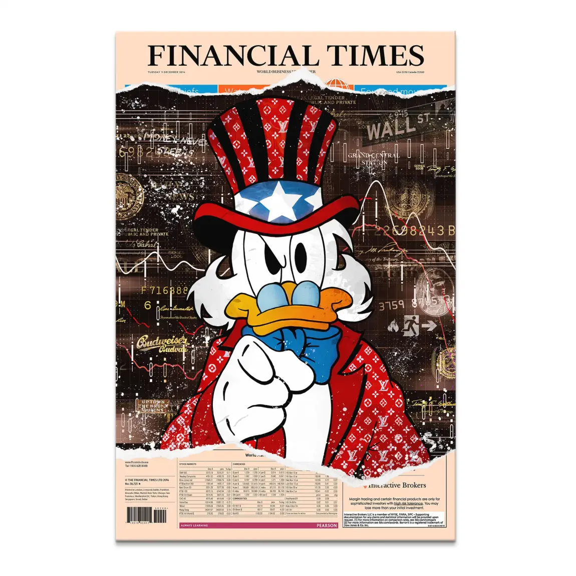 Scrooge McDuck as Uncle Sam in a vivid Pop Art canvas with a Financial Times backdrop
