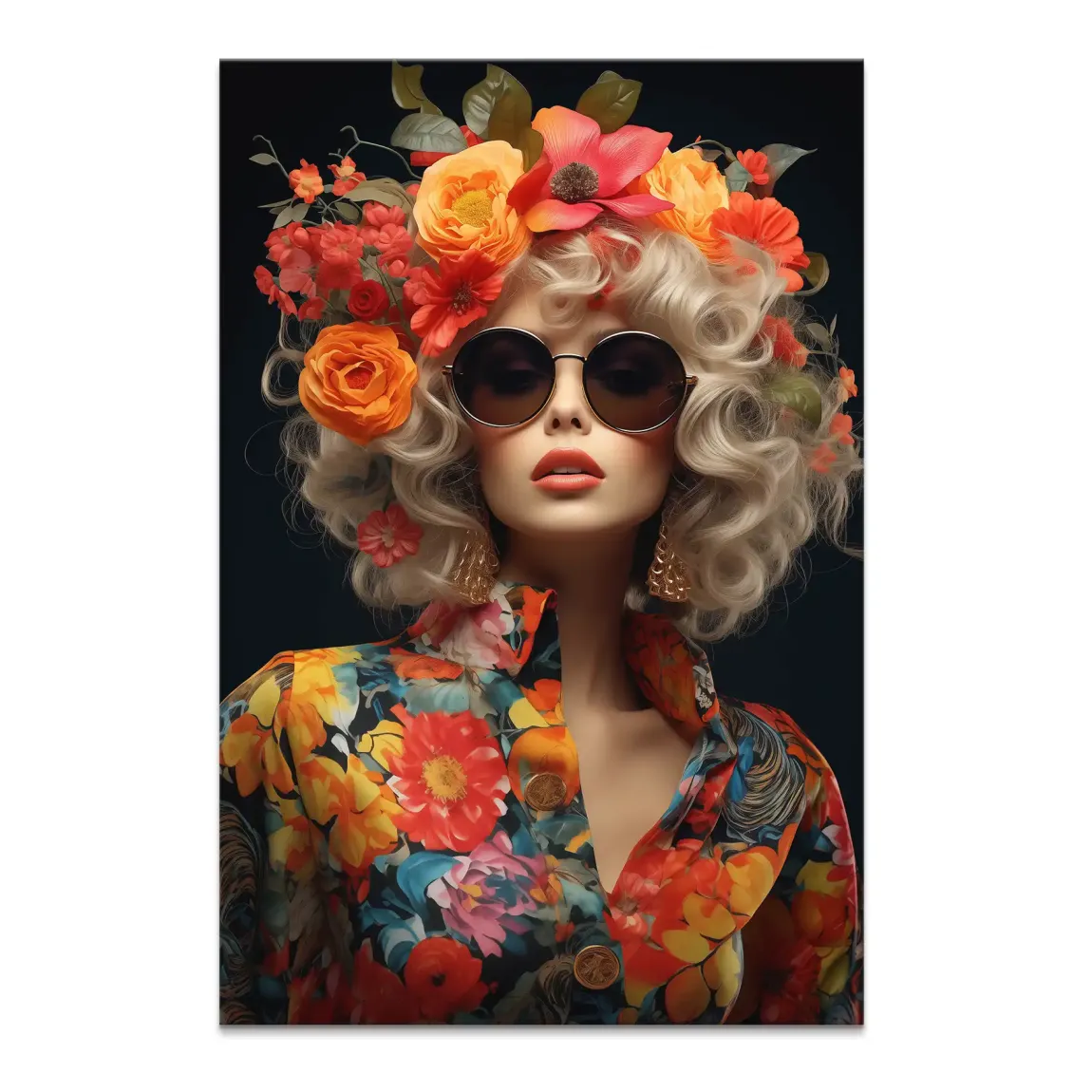 Glamorous woman with blonde curls wearing bold sunglasses and a colorful floral crown