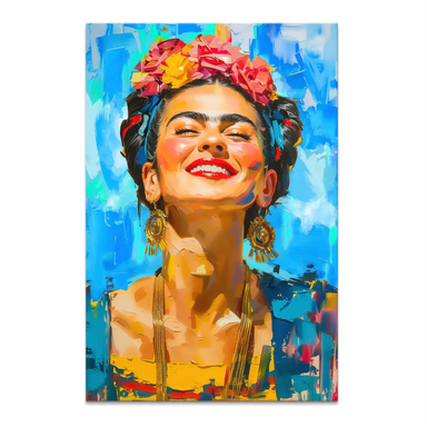 Colorful Frida Kahlo canvas wall art with floral headdress and turquoise background