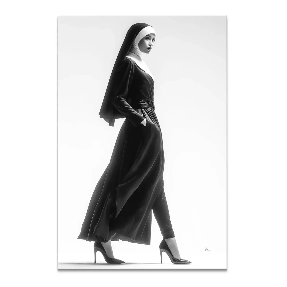 Nun Couture canvas art featuring a black-and-white portrait of a woman in nun-inspired couture