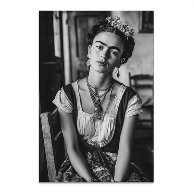 Black and white Frida Kahlo canvas portrait with flowers in braided hair
