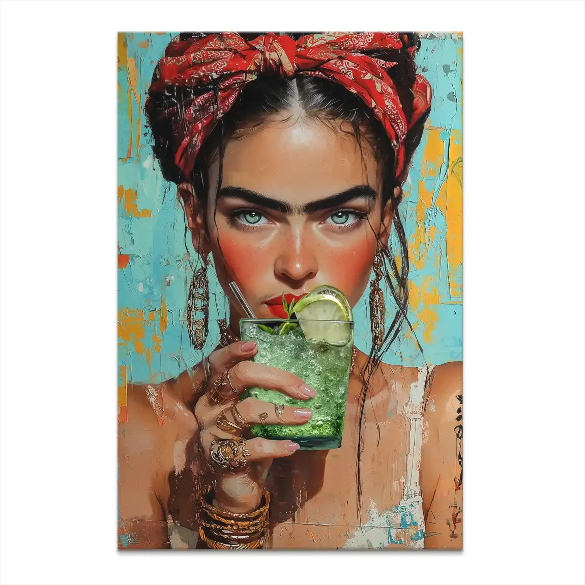 Frida Kahlo Mint canvas print featuring a stylish woman with unibrow and red headscarf
