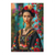 Portrait-style canvas print of a Barbie doll reimagined as Frida Kahlo with braided updo and rose decorations, wearing a traditional Mexican dress, on a teal floral backdrop.