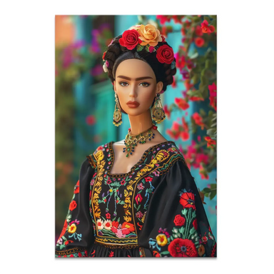 Portrait-style canvas print of a Barbie doll reimagined as Frida Kahlo with braided updo and rose decorations, wearing a traditional Mexican dress, on a teal floral backdrop.