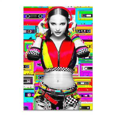 Front view of Retro DJ Girl canvas art with neon cassette glitch background in bold pop art style.