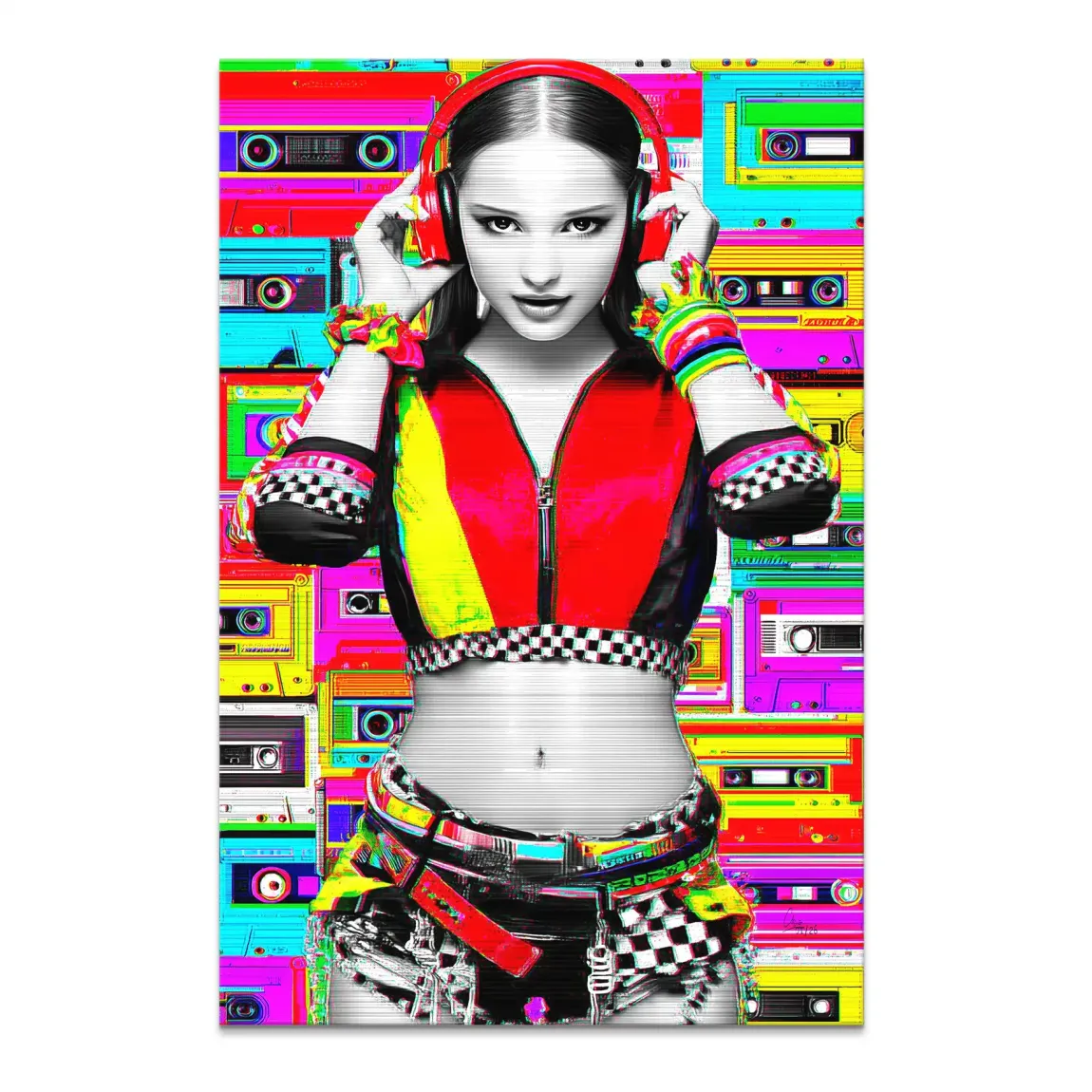 Front view of Retro DJ Girl canvas art with neon cassette glitch background in bold pop art style.