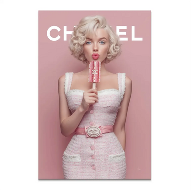 Glamorous blonde woman with vintage curls puckering lips while holding a pink Chanel-branded popsicle against a soft pink backdrop.