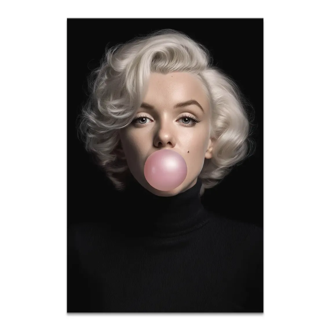 Close-up portrait of a glamorous woman resembling Marilyn Monroe blowing a pink bubble on a black background in a Pop Art style canvas wall art