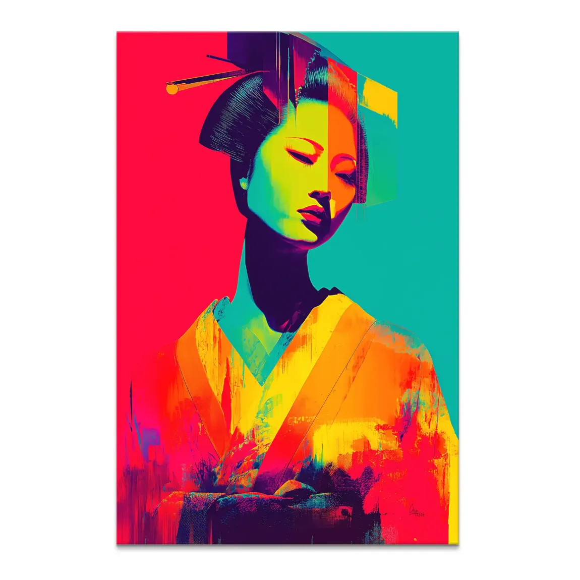 Geisha Pop Art canvas wall art featuring a neon-colored portrait with magenta, teal and purple hues