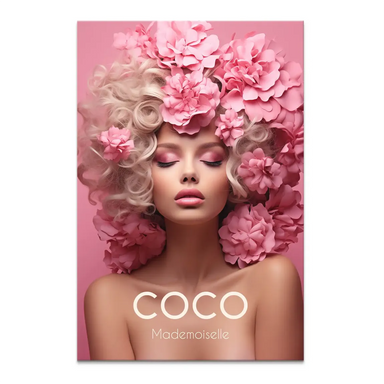 Glamorous portrait of a woman with blonde curly hair, adorned with large pink paper flowers against a soft pink background.