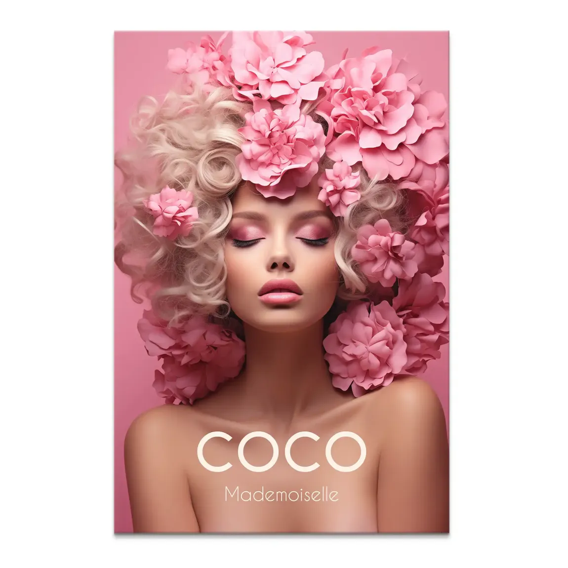 Glamorous portrait of a woman with blonde curly hair, adorned with large pink paper flowers against a soft pink background.