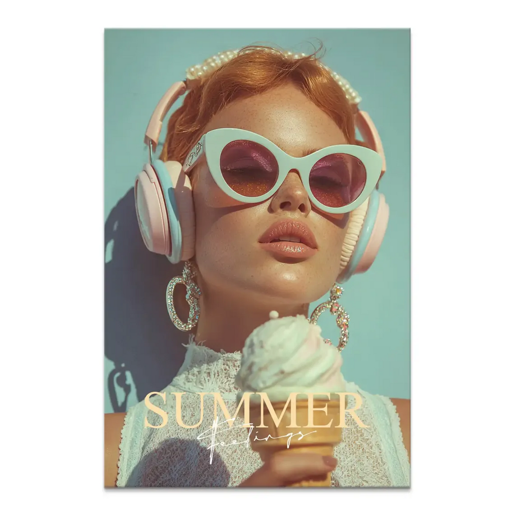 Portrait-style canvas art of a fashionable woman wearing white cat-eye sunglasses with pink lenses, oversized pink and blue headphones, and a melting ice cream cone on a pastel background.