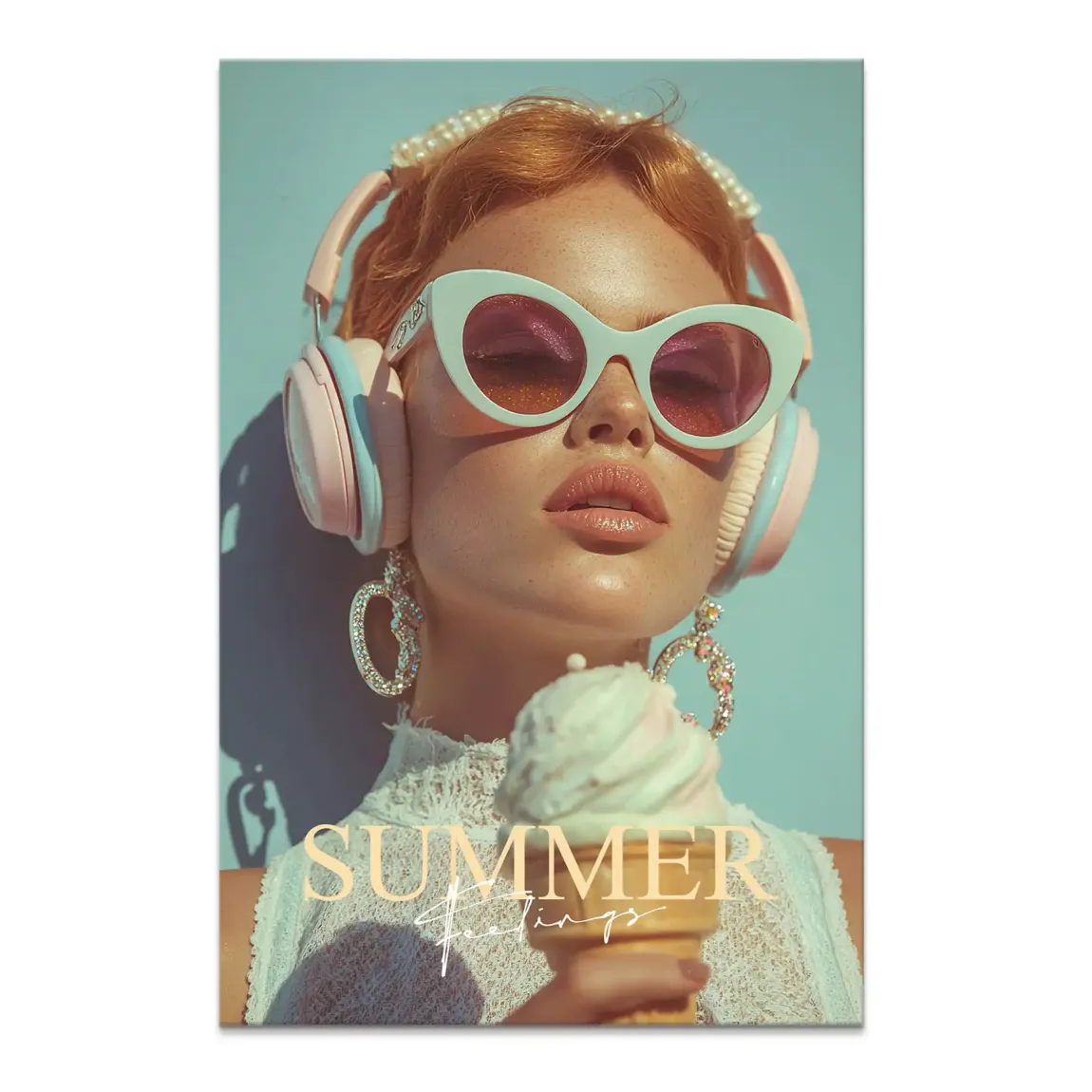 Portrait-style canvas art of a fashionable woman wearing white cat-eye sunglasses with pink lenses, oversized pink and blue headphones, and a melting ice cream cone on a pastel background.