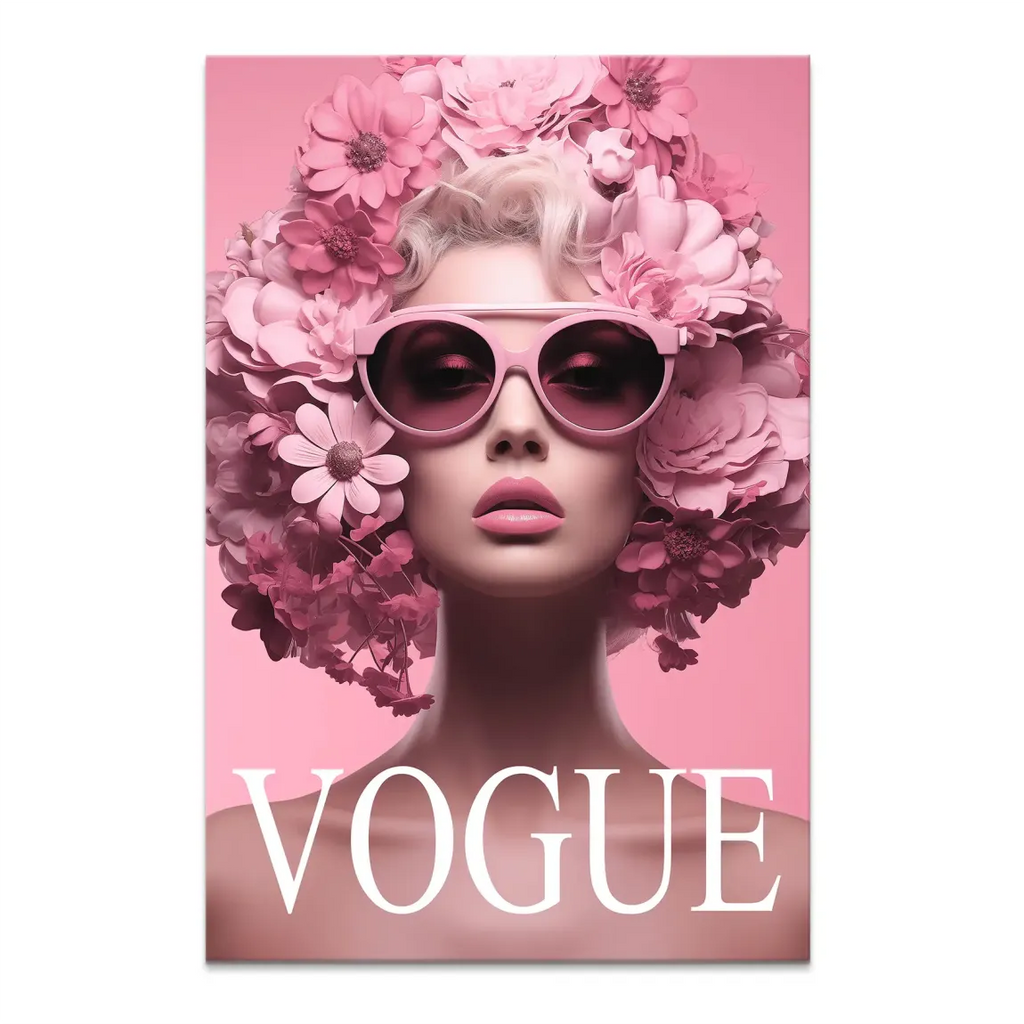 Glamorous woman with cascading pink flowers forming her hairstyle on a canvas print