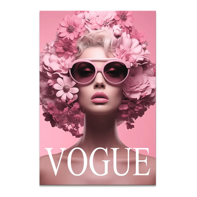 Glamorous woman with cascading pink flowers forming her hairstyle on a canvas print