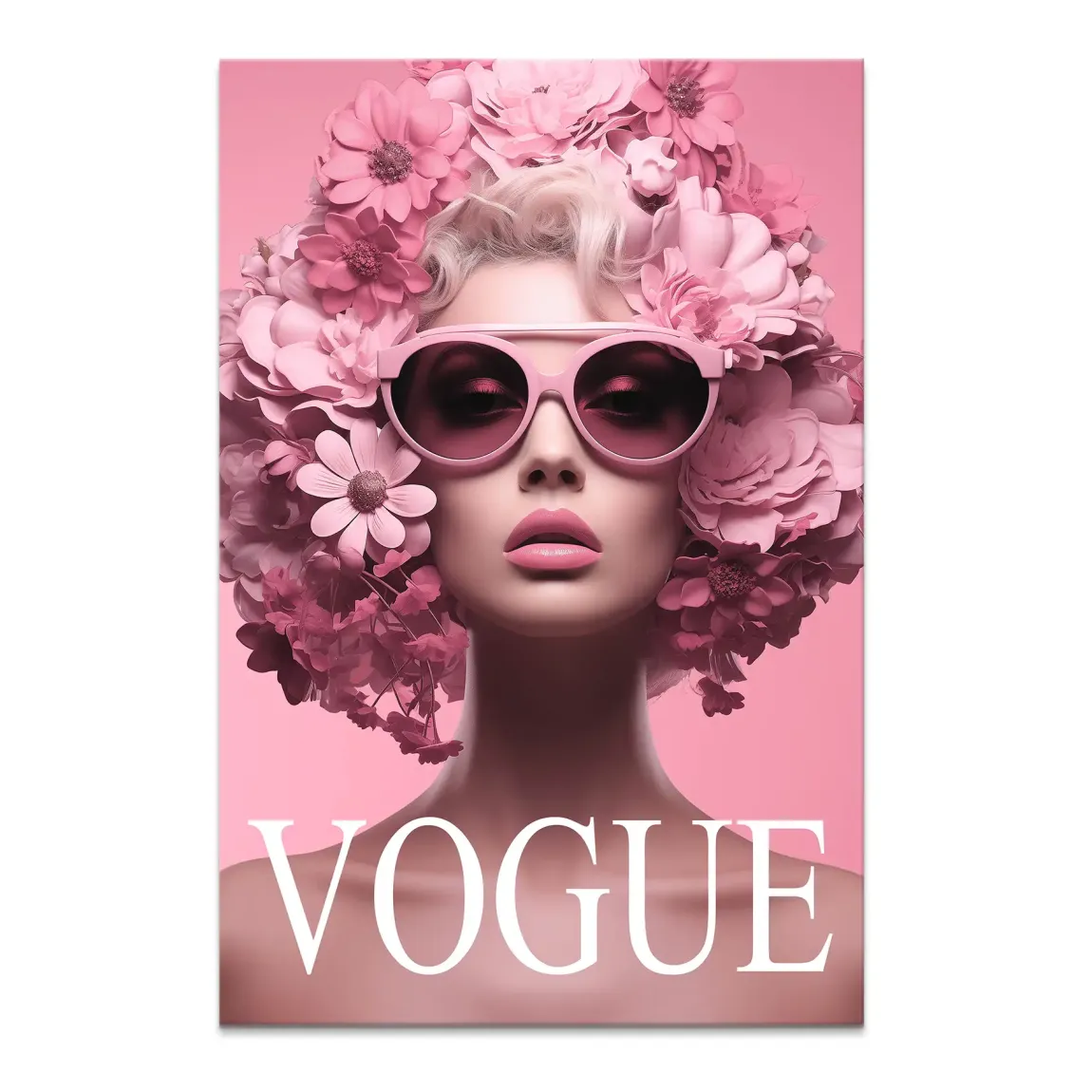 Glamorous woman with cascading pink flowers forming her hairstyle on a canvas print