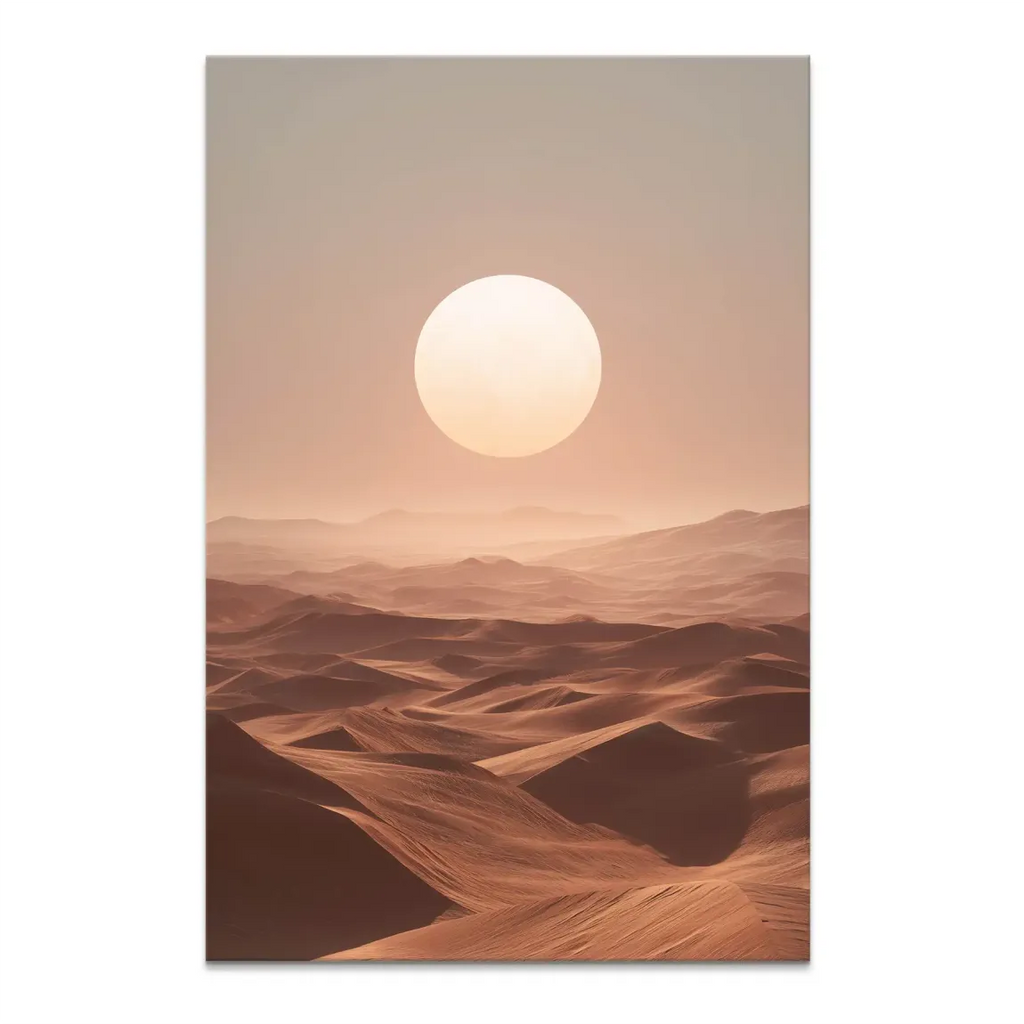 Vertical desert landscape canvas print with rolling sand dunes and a glowing sun in a peachy-beige sky.