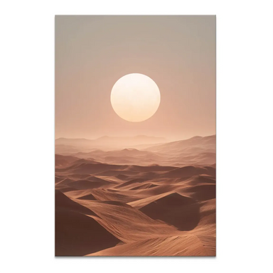 Vertical desert landscape canvas print with rolling sand dunes and a glowing sun in a peachy-beige sky.