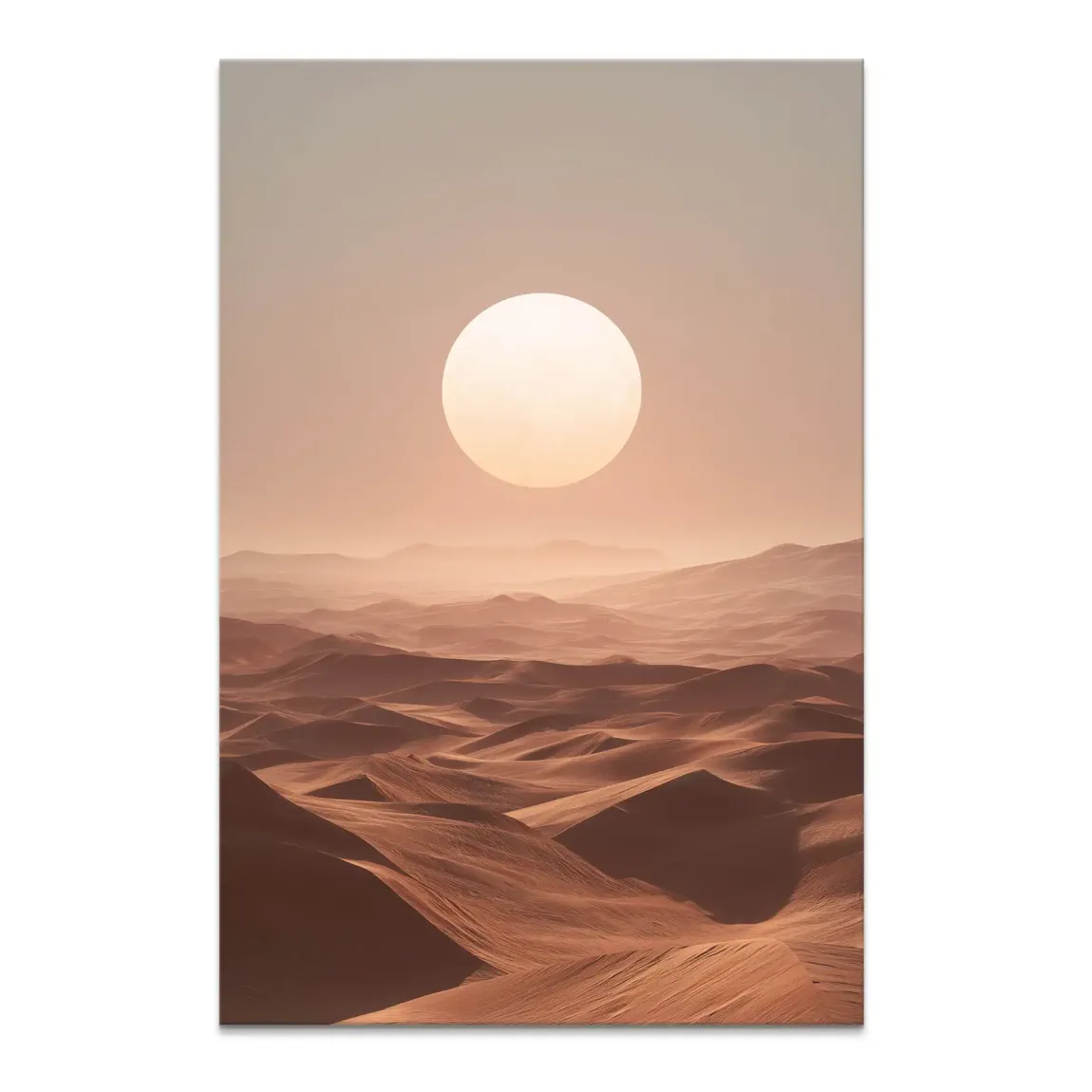 Vertical desert landscape canvas print with rolling sand dunes and a glowing sun in a peachy-beige sky.