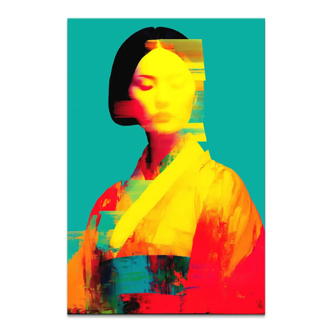 Geisha Color Art canvas wall art featuring a glitch-art portrait of a woman on teal background with a luminous yellow face and vibrant clothing.