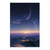 Vertical sci-fi landscape with three moons over a snowy mountain range and a winding river under a blue-purple twilight.