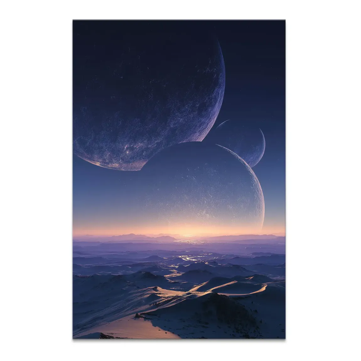 Vertical sci-fi landscape with three moons over a snowy mountain range and a winding river under a blue-purple twilight.