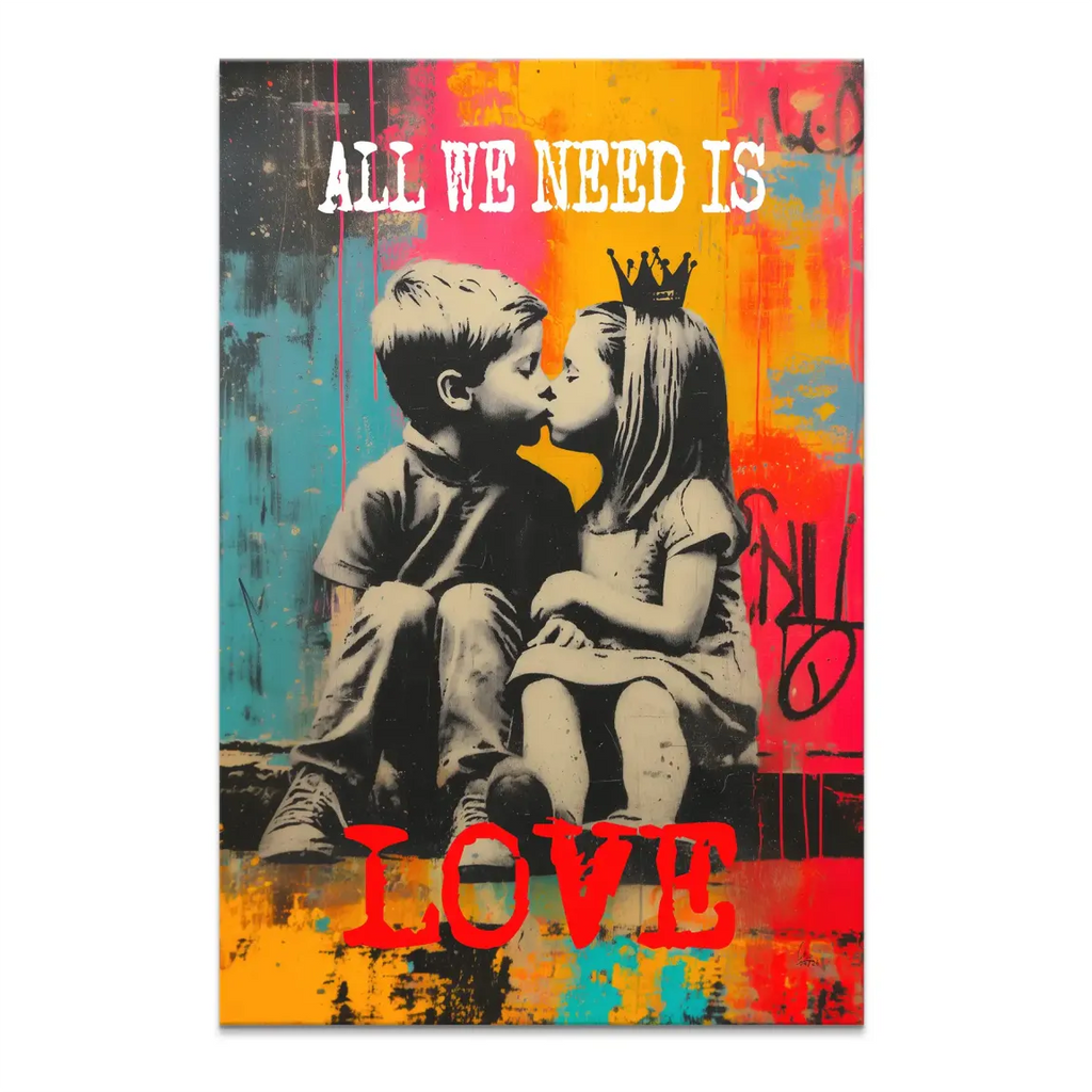 Two crowned children share a kiss on a vibrant pop art graffiti canvas
