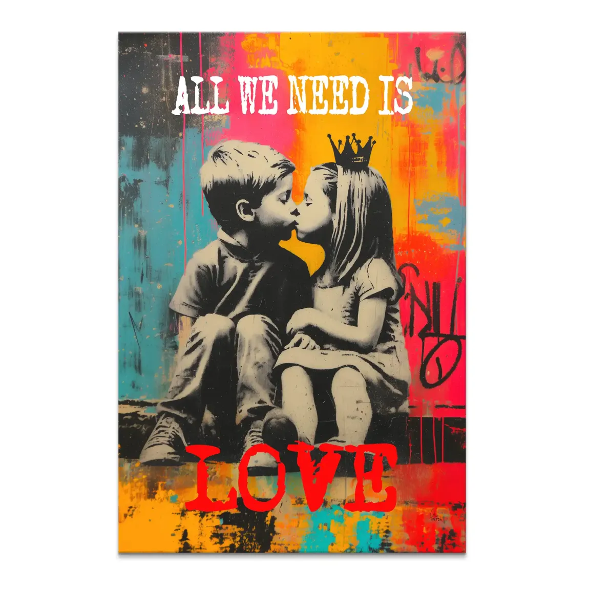 Two crowned children share a kiss on a vibrant pop art graffiti canvas