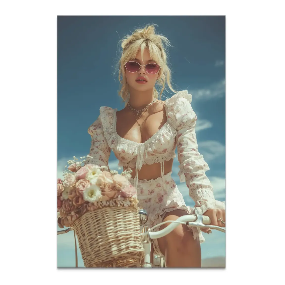Portrait of a blonde woman on a bicycle with a basket of pink and cream flowers against a blue sky