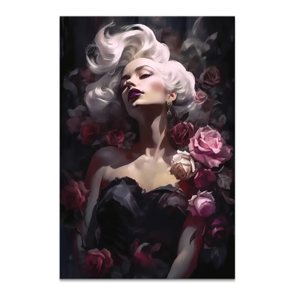 Marilyn Monroe-inspired glamorous woman reclining among velvet roses on a canvas print