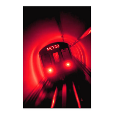 Metro Art canvas print featuring a red metro train racing through a dark tunnel