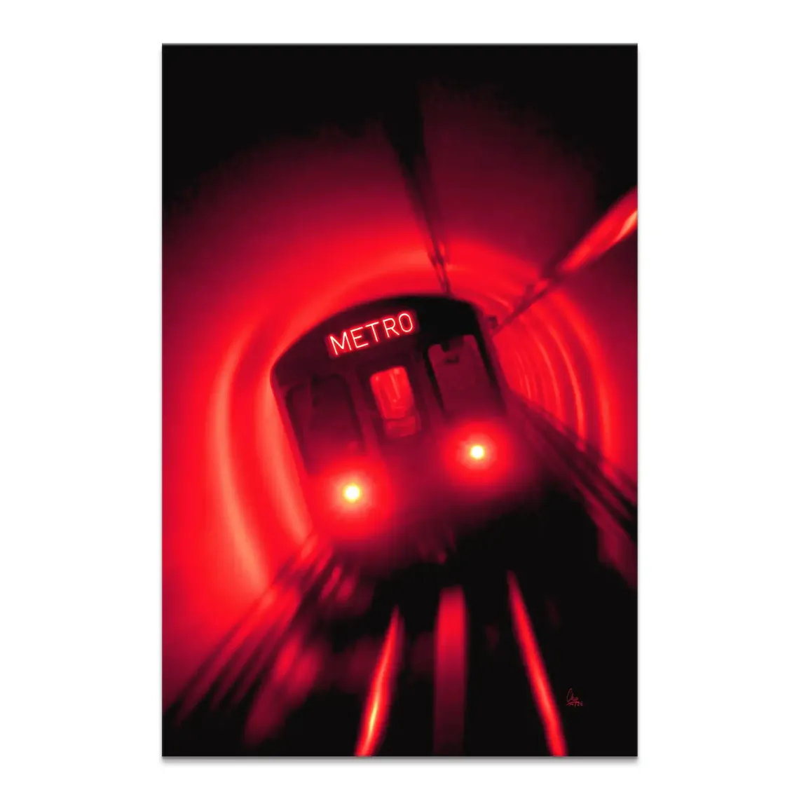 Metro Art canvas print featuring a red metro train racing through a dark tunnel