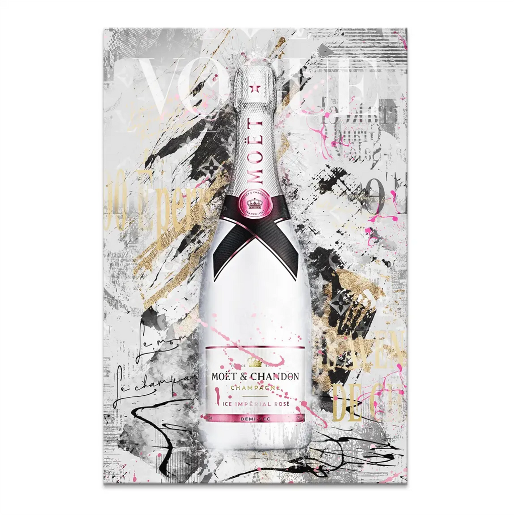 Center-dominant champagne rosé bottle on a chic pop art canvas with gold and pink accents.