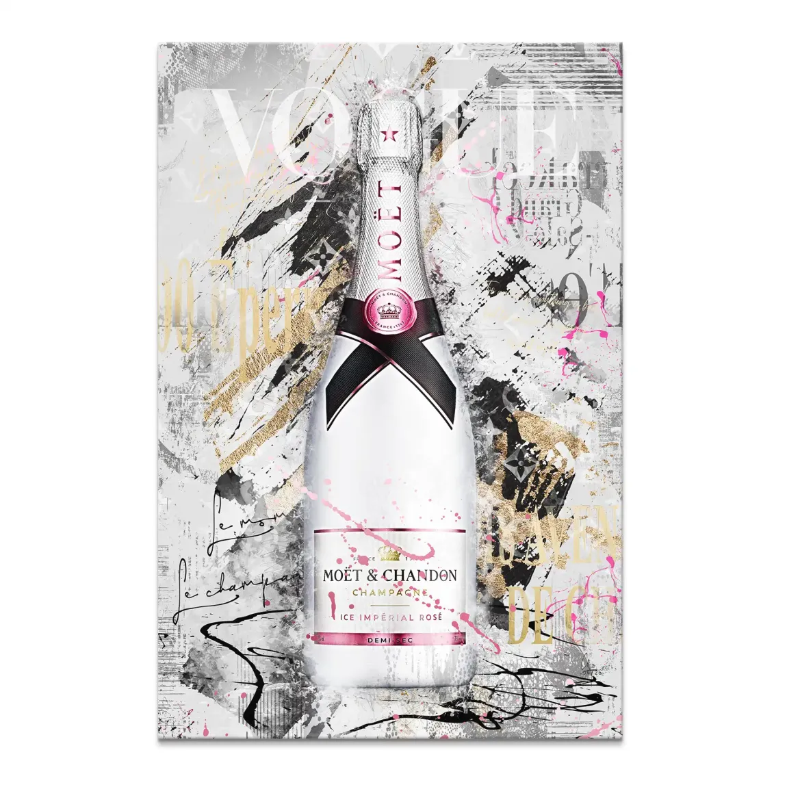 Center-dominant champagne rosé bottle on a chic pop art canvas with gold and pink accents.