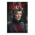 Close-up portrait of David Bowie as Starman on a dark canvas with red text and jacket splatters.