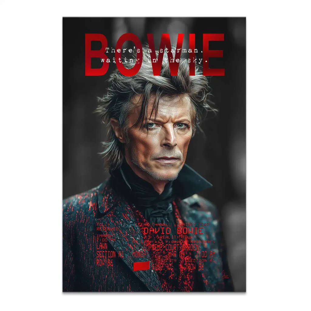 Close-up portrait of David Bowie as Starman on a dark canvas with red text and jacket splatters.