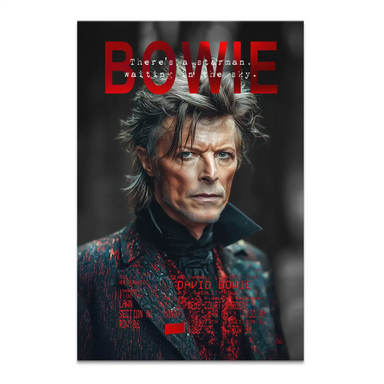 Close-up portrait of David Bowie as Starman on a dark canvas with red text and jacket splatters.
