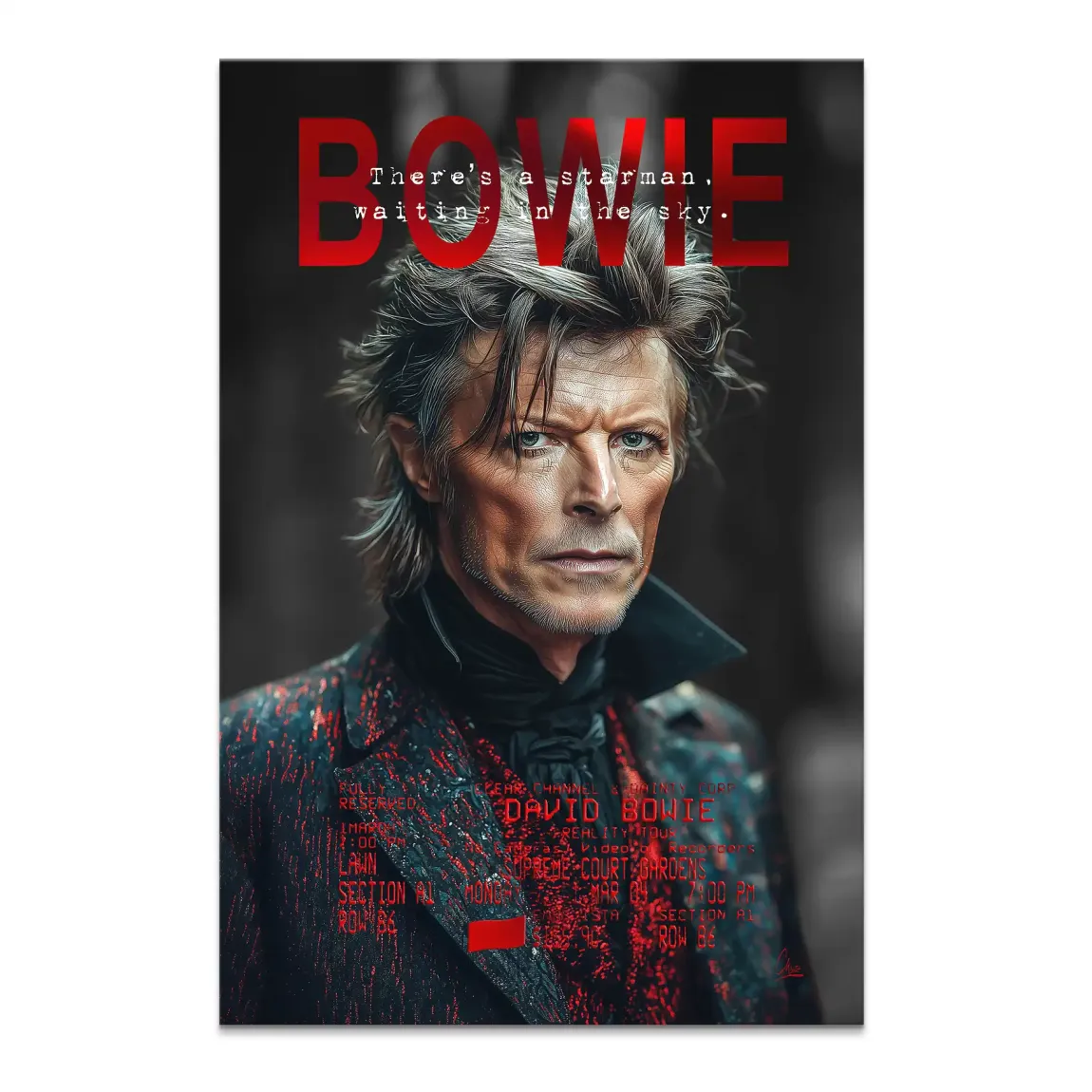 Close-up portrait of David Bowie as Starman on a dark canvas with red text and jacket splatters.