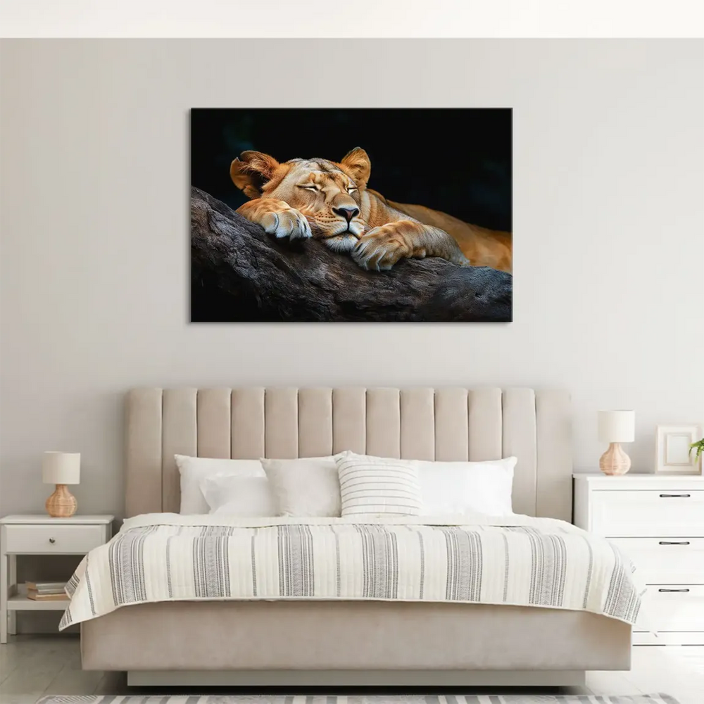 Close-up of a tranquil lioness, a wildlife wall art piece with serene expression.