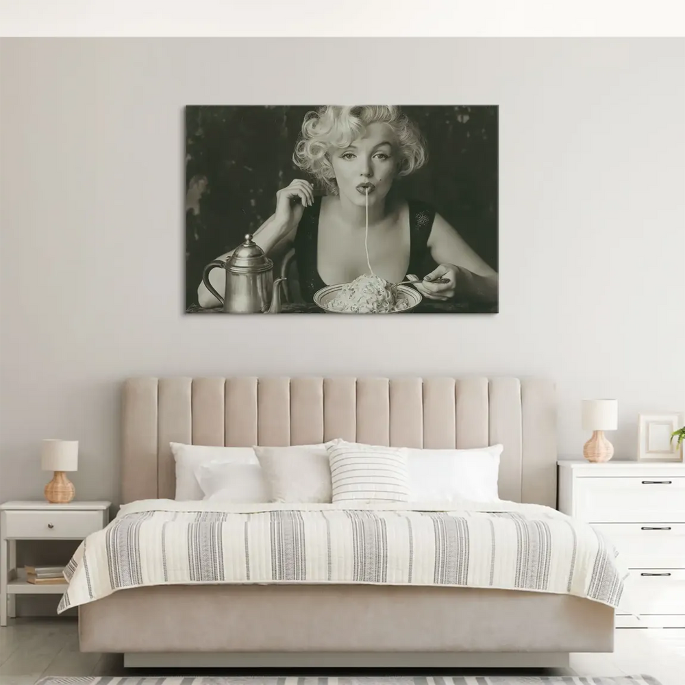 Vintage black-and-white Marilyn Monroe wall art with spaghetti