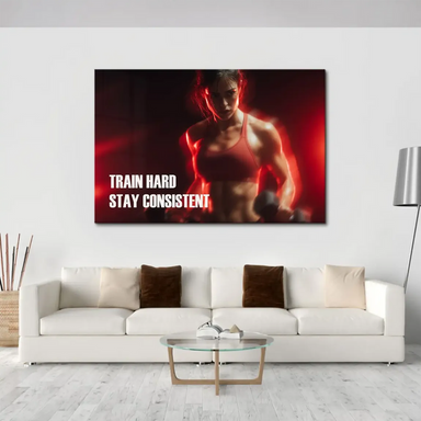 Landscape orientation wall art for gym or home gym with a strong female athlete and bold motivational message
