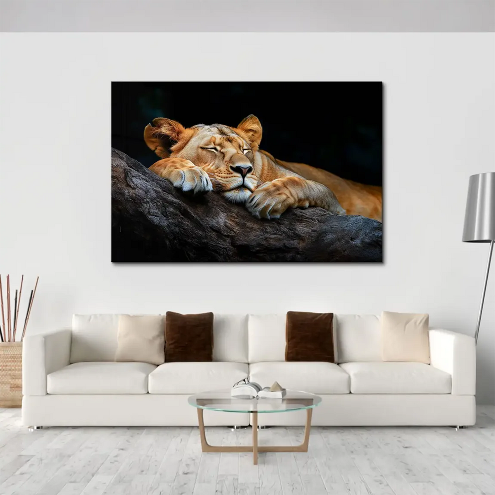 Realistic canvas art depicting a sleeping lioness for rustic or nature-inspired decor.