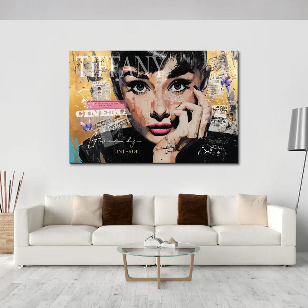 Contemporary Pop Art collage featuring Audrey Hepburn with newspaper clippings